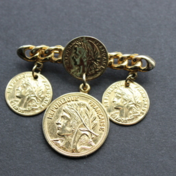 Republique Francaise Faux Coins Brooch Gold Tone - Picture 2 of 5